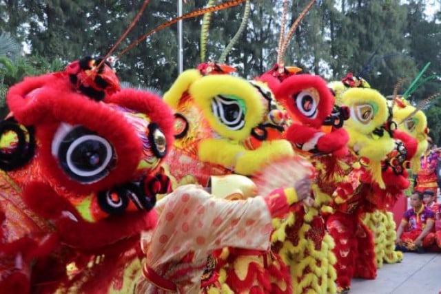 Lion dance performed in Cambodia to celebrate Chinese New Year