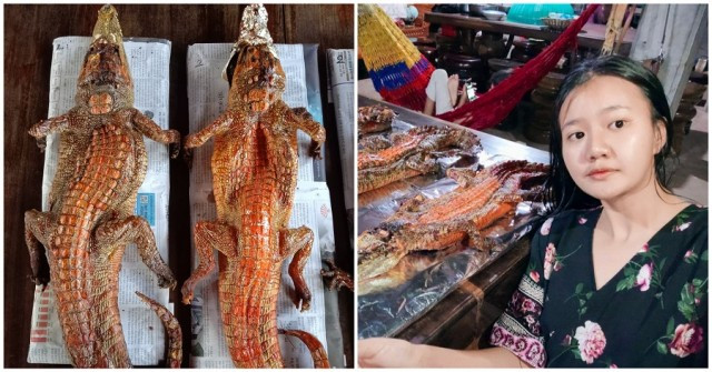 A Crocodile Trader Turns to Selling the Roasted Meat Retail in Siem Reap City