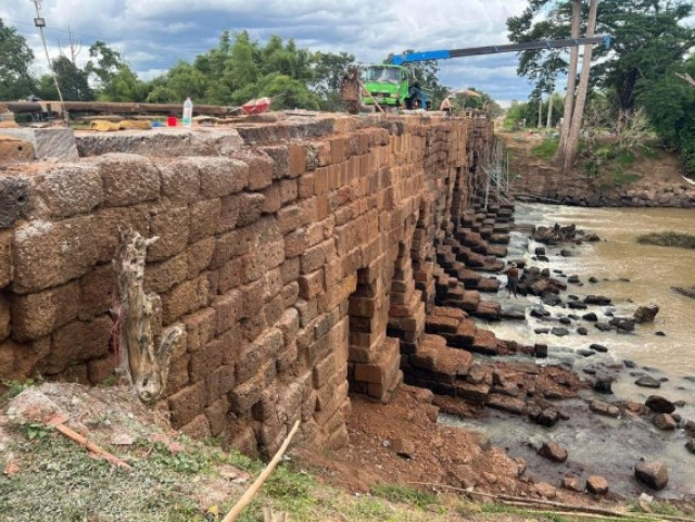2nd phase restoration work on ancient bridge at Cambodia's famed Angkor completed