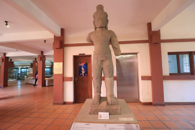 Centuries-old door guardian statue displayed at museum in Cambodia's Siem Reap